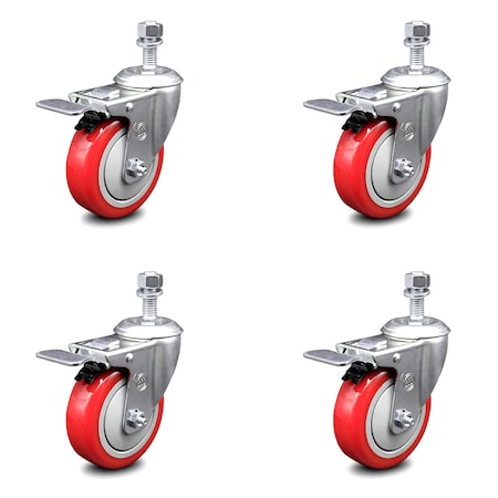 Service Caster 4 Inch Red Polyurethane Swivel 1/2 Inch Stem Caster Set with Total Lock Brake SCC-TSTTL20S414-PPUB-RED-121315-4